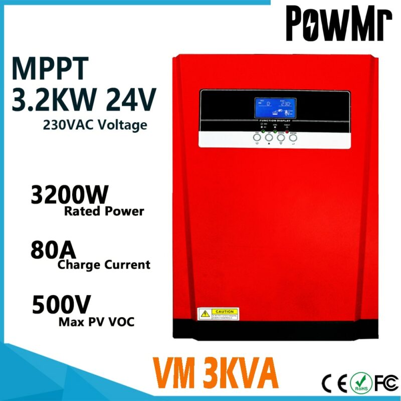 Powmr Mppt Solar Hybrid Inverter 3200w Pure Sine Wave 80a Charge Controller 24vdc To 230vac All 2154